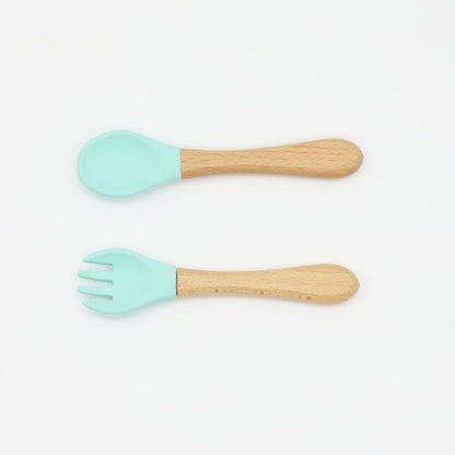 Baby Food Grade Wooden Handles Silicone Spoon Fork Cutlery